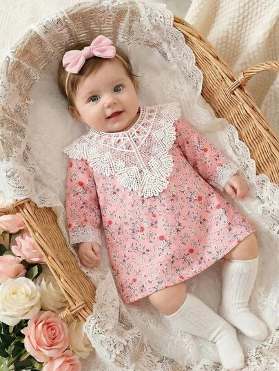 SHEIN Newborn Baby Girl Pink Floral Lace Long Sleeve Dress, Sweet & Elegant, Suitable For Parties, Photoshoots, Daily Wear, Soft & Comfortable Fabric, Open Front Design For Easy Wear, Spring/Summer New Arrival, Traditional Arabic Jalabiya/Abaya Collared Baby Girl Dress Spring Infant Dresses Floral Baby Dress Heirloom Dress Baby Girl Baby Girl Smocked Dress Baby Girl Vintage Clothes Baby Girl Clothes Spring