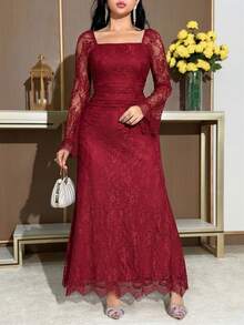 Feyla 女士花卉蕾丝方领长袖荷叶边优雅连衣裙 - 酒紅色 - 查看 6