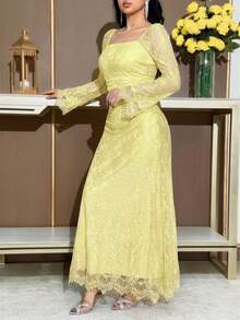 Feyla Women's Elegant Solid Color Lace Dress - Pale Yellow - View 5