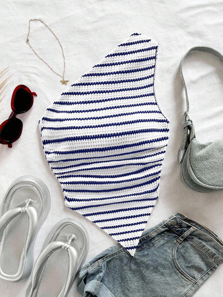 Soleia Women's Vacation Black & White Knit Textured Asymmetric Twist Bust Ruffle Hem Bodycon Mini Dress - Blue and White - View 1