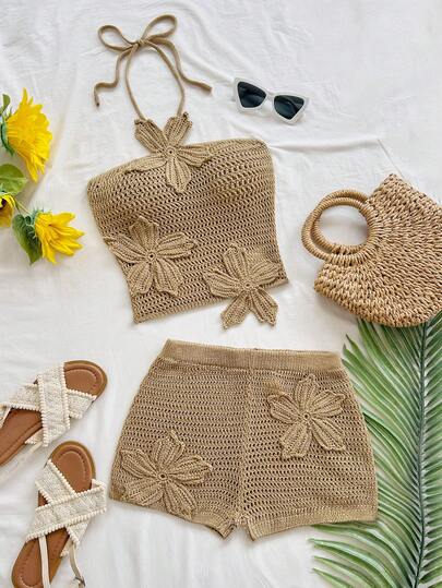 Soleia 新款花卉图案露背系带上衣和短裤针织迷你两件套，适合派对、约会、情人节、复活节、狂欢节、下午茶、海滩、邮轮、城市度假等场合。