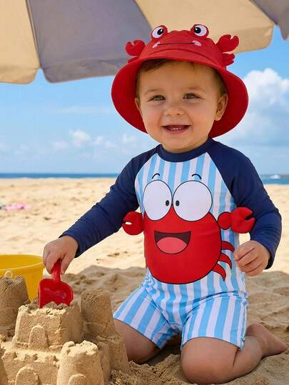 SHEIN Traje de baño de una pieza con mangas largas para bebé/niño pequeño, con diseño de cangrejo lindo y rayas azules en contraste de color, adecuado para vacaciones, playa, surf, traje de baño para niño pequeño, traje de baño de manga larga