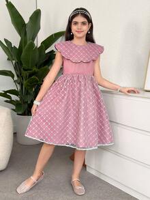 SHEIN Tween Girl Elegant & Cute Pink Peter Pan Collar Double-Layer Tulle A-Line Long Dress - Pink - View 3