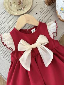 SHEIN Baby Girl Cute Summer Versatile Bow-Tie Fleece Sleeve Bodysuit - Multicolor - View 3