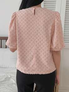 DAZY Women's Plaid Textured Round Neck Pullover Puff Sleeve Elegant Blouse, Suitable For Spring And Autumn - Pink - View 2
