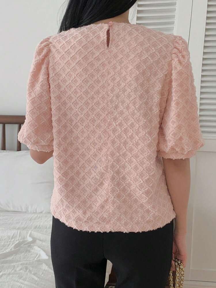 Women's Plaid Textured Round Neck Pullover Puff Sleeve Elegant Blouse, Suitable For Spring And Autumn