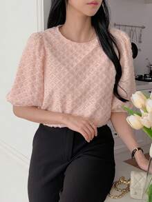 DAZY Women's Plaid Textured Round Neck Pullover Puff Sleeve Elegant Blouse, Suitable For Spring And Autumn - Pink - View 7