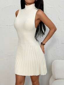 SHEIN PETITE Minimalist Stand Collar Sleeveless A-Line Mini Ribbed Knit Dress For Women,Fall - White - View 3