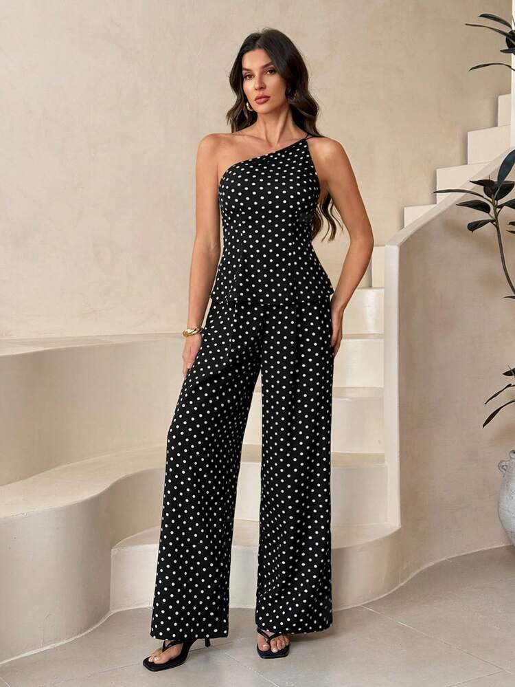 SHEIN Tall 2 piezas Conjunto de top y pantalones de mujer con lunares, uso casual minimalista para todos los días - Negro - Añade 4