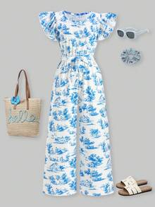 SHEIN ChillGRL 少女优雅碎花短袖连体裤，适合日常通勤、休闲、度假和聚会。 - 藍白色 - 查看 3