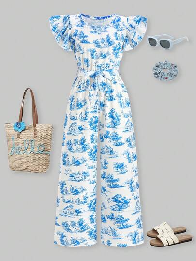 SHEIN ChillGRL Teen Girls Elegant Floral Print Cap Sleeve Jumpsuit, Suitable For Daily Commute, Casual, Vacation, And Gatherings