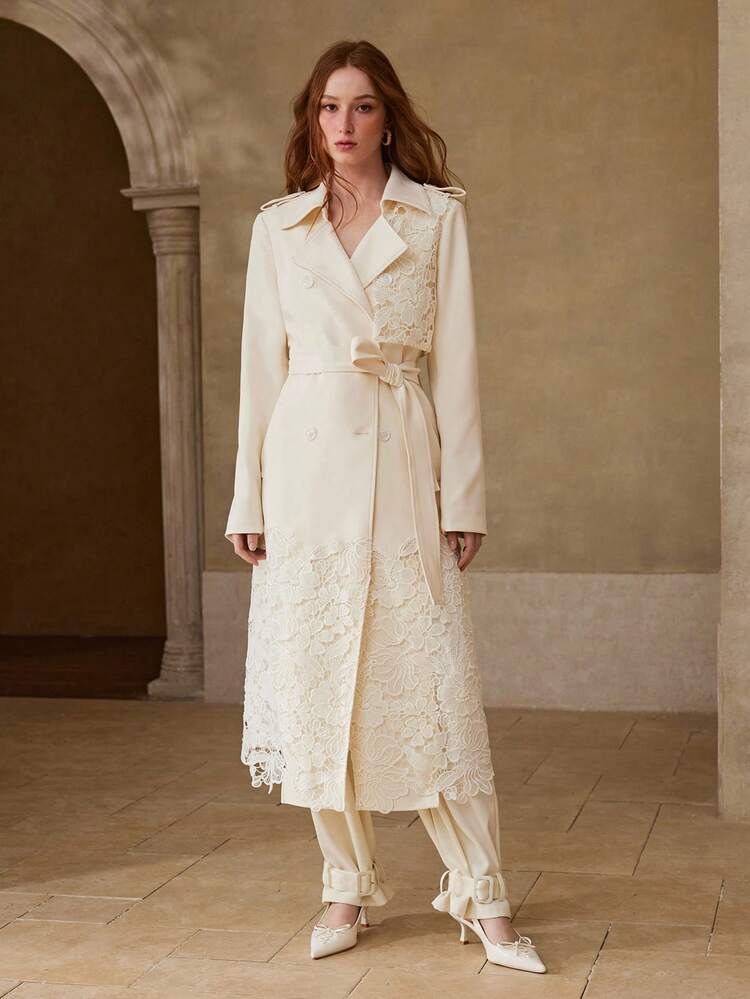 GUIPURE LACE PANEL DOUBLE BREASTED BELTED TRENCH COAT