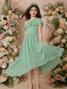 Tween Girl Sage Green Elegant Wedding Flower Girl Dress, Summer Chiffon High Waist Ruffle Shoulder Ruffle Trim Front Short Rear Long Princess Dress - Green - View 1