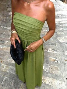 Selianne 橄榄绿抹胸A字长裙 - 女士春夏新款，适合休闲、度假、日常办公、聚会和街头穿搭 - 綠色 - 查看 7