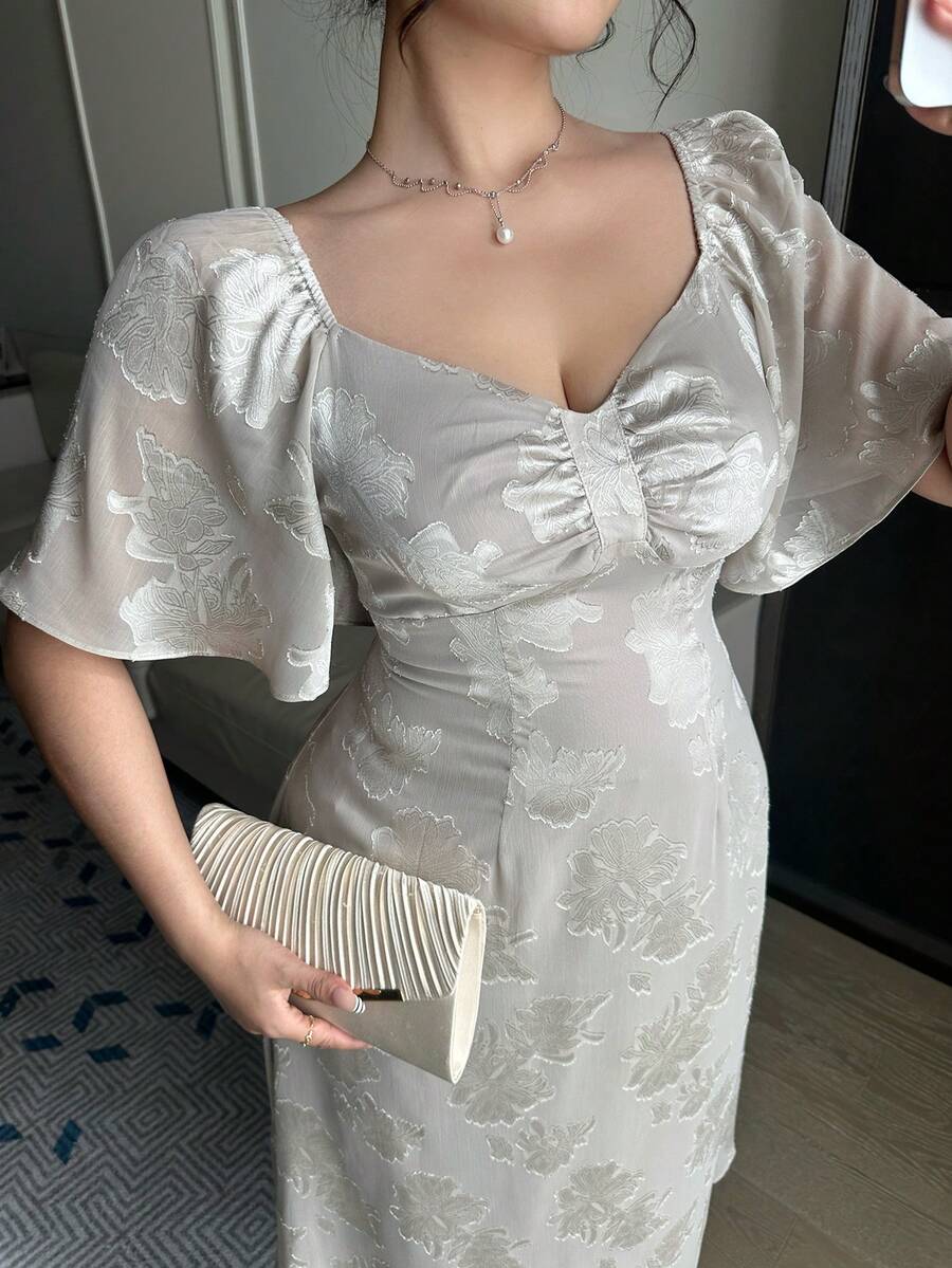 Dazy Plus Textured Fabric Square Collar Ruffle Sleeve Waist Cinched Elegant Long Dress, Spring/Summer - Grey - View 1