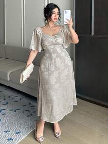 Dazy Plus Textured Fabric Square Collar Ruffle Sleeve Waist Cinched Elegant Long Dress, Spring/Summer - Grey - View 5