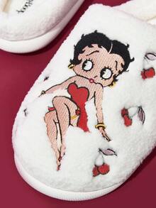 Betty Boop x SHEIN 女款卡通肖像刺繡居家拖鞋，秋冬聖誕禮物創意，派對、節日、情人節禮物 - 白色 - 查看 4