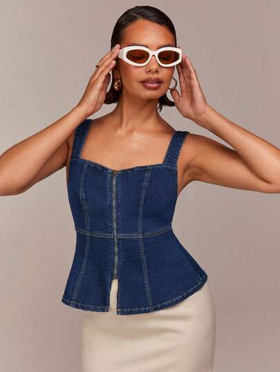 COSMINA Women's Elegant Sleeveless Zip-Up Waist Fitted Denim Blouse, Versatile For Date, Commute And Casual Wear, Early Spring