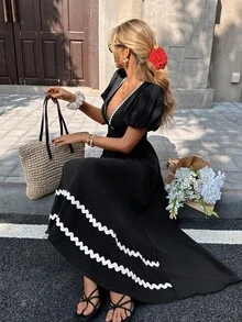 Pariaura French Retro Waist Cinched Long Dress/V-Neck Waist Cinched For Date & Commute/Puff Sleeves/Elegant Dress - Black - View 5