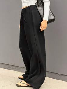 Kuleshova 女士超低腰休闲直筒棉质长裤 - 黑色 - 查看 4