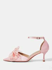 CUCCOO HITCHD 四季新款蕾丝蝴蝶结尖头高跟鞋优雅气质时尚浑力吉缎面女式高跟鞋踝带鞋优雅气质时尚婚礼情人节茶歇优雅穿搭情人节 - 淺粉色絲 - 查看 2
