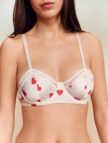 lacRébo Heart Print Satin Underwired Bra And Matching Long Lingere Set Cute Vintage Sexy Valentines Romantic French Style Parisian Style - White - View 4