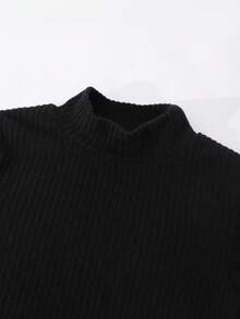 Conjunto de camiseta de cuello alto sólida y vestido ajustado sin mangas con bolsillo falso y lazo para niña preadolescente, elegante y vintage, adecuado para uso diario, citas y reuniones - Negro - Ver 5