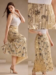 Anewsta Váy dài đính tua rua sequin cao cấp thời trang cỡ lớn dành cho nữ - Vàng - Xem 1