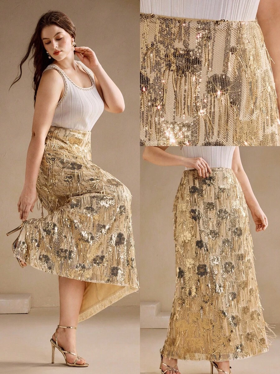 Anewsta Váy dài đính tua rua sequin cao cấp thời trang cỡ lớn dành cho nữ - Vàng - Xem 1