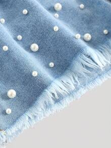 Girlism 少女优雅浅色水洗做旧蝴蝶结牛仔短裤，带口袋插片、仿珍珠和毛边裤脚，适合春夏假期和节日穿着 - 淺色水洗藍 - 查看 4