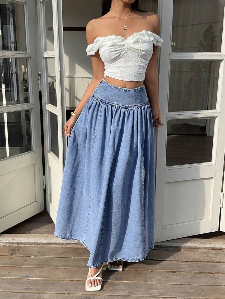 Sunnyshic Women's Solid Color High Waist Pleated Casual Long Versatile Denim Skirt - Blue - View 6