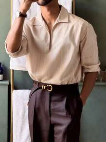 Airaco Men's Striped Turndown Collar Long Sleeve Casual Commuter Shirt - Apricot - View 1