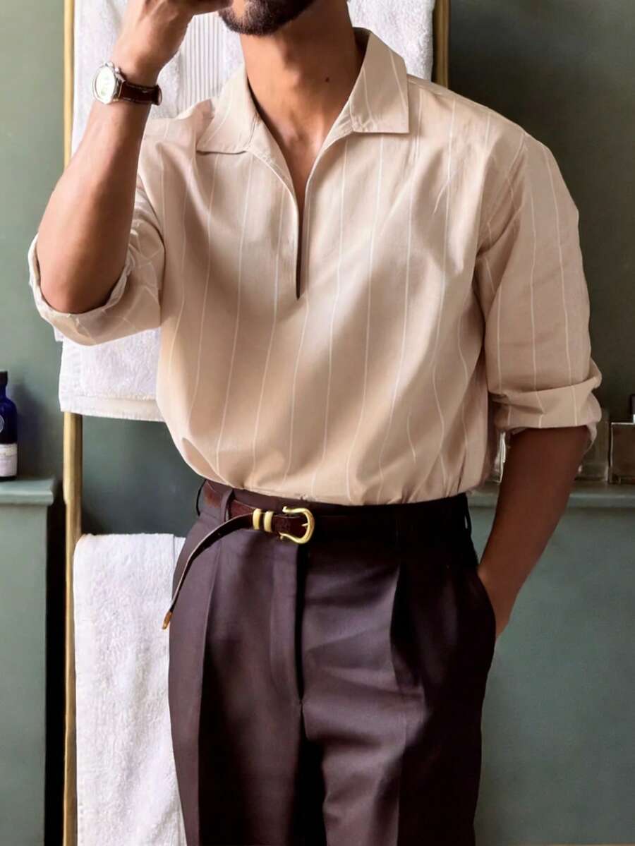 Airaco Men's Striped Turndown Collar Long Sleeve Casual Commuter Shirt - Apricot - View 1