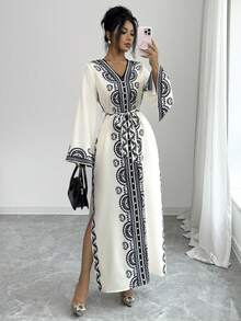 Rafferiza Women's Elegant V-Neck Printed Waist Cinched Long Dress - Multicolor - View 6