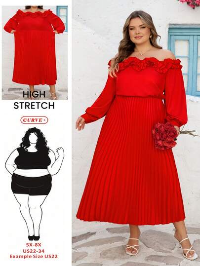 SHEIN CURVE+ Curve Size US22Music Festival, Seaside Vacation, BohemiaCURVE PLUS / /Elegant Sexy Solid Color Off-Shoulder Ruffle Hem Dress, Suitable For Date, Party, Wedding