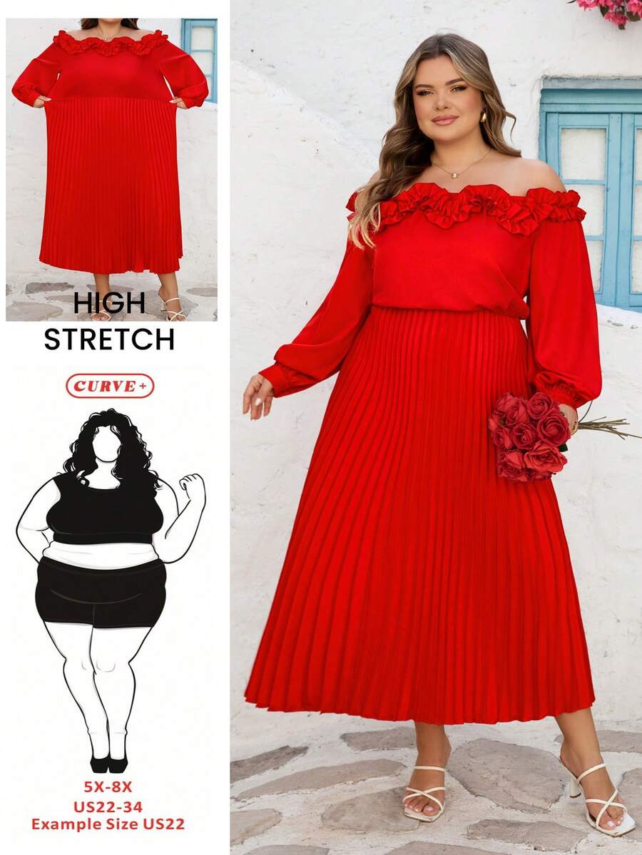 SHEIN CURVE+ 曲线尺码 US22 音乐节、海滨度假、波西米亚风 CURVE PLUS / 优雅性感纯色露肩荷叶边连衣裙，适合约会、派对、婚礼 - 紅色 - 查看 1