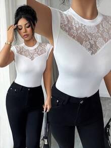Elenzga 女士时尚圆领优雅蕾丝拼接心形领紧身吊带背心，适合日常穿着，春夏秋冬皆宜。 - 白色 - 查看 7