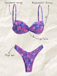 Elavelle Springbreak 女士随机银色印花细肩带扭结高开叉性感比基尼套装 夏季 - 彩色 - 查看 2