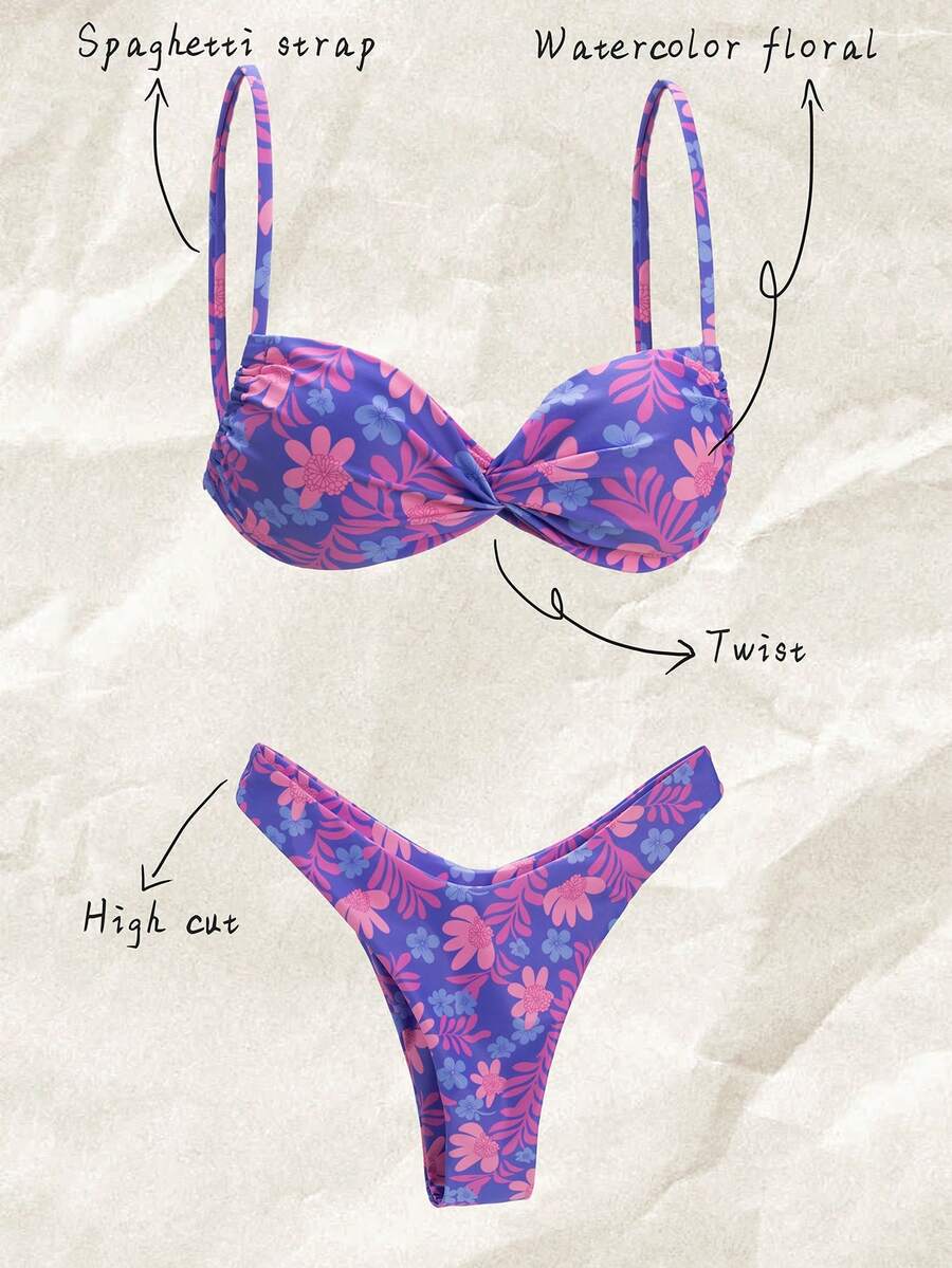 Elavelle Springbreak Women's Random Silver Printed Spaghetti Strap Twist Knot High Cut Sexy Bikini Set For Summer - Multicolor - View 1