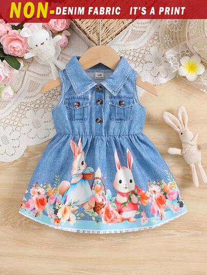 SHEIN 1pc Baby Girls' Lapel Button Sleeveless Denim Print Cartoon Animal Pattern Cute Fashionable Versatile Retro Light Blue Casual Sundress With Fake Pockets, Summer New Arrival