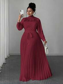 Maweii 大码女士优雅拼接收腰长裙 - 酒紅色 - 查看 1