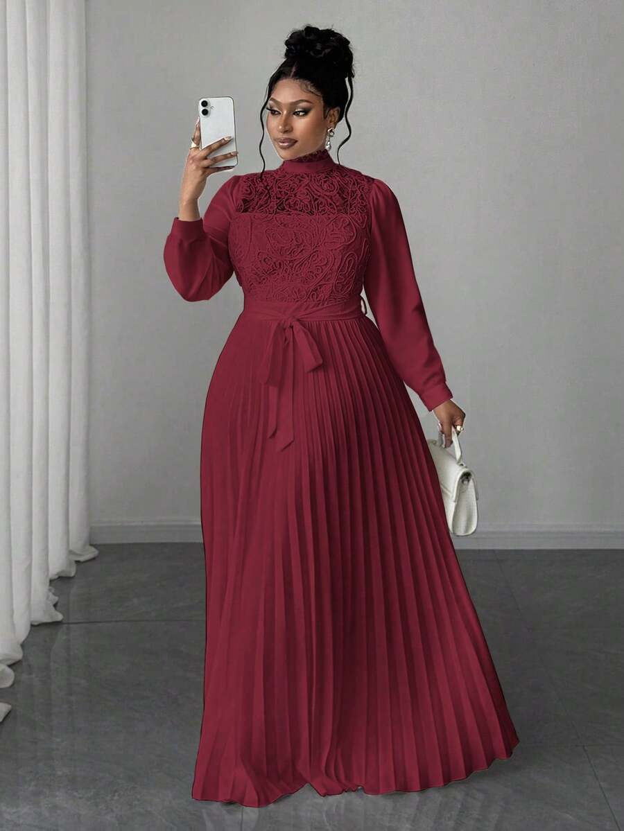 Maweii 大码女士优雅拼接收腰长裙 - 酒紅色 - 查看 1