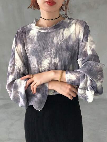 FRIFUL Women's Tie-Dye Fabric Round Neck Dropped Shoulder Long Sleeve Loose Casual Versatile Blouse