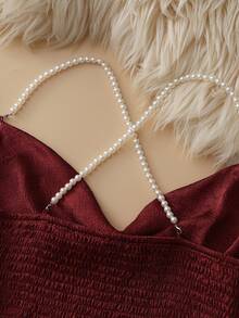 Franclia 酒红色仿珍珠吊带不对称性感吊带背心，夏季 - 酒紅色 - 查看 4