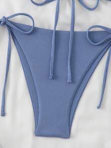 Swim Basics 女士夏季度假纯色吊带无钢圈比基尼上衣和侧系带比基尼泳裤套装 - 霧霾藍 - 查看 5