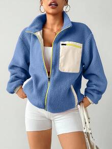 Exploreva Áo khoác thể thao dài tay phối màu tương phản có khóa kéo dành cho nữ, thời trang cho mùa thu/đông. - Xanh đậm - Xem 7