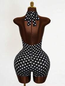 Mistrie Women's Casual Polka Dot Print Halter Neck Hollow Out Romper, Spring/Summer - Black - View 2