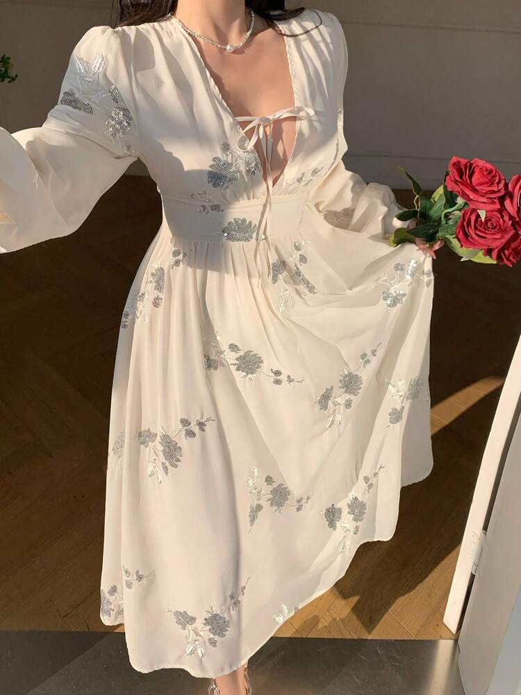 Women's V-Neck Sequin Embroidered Waist Cinched Long Sleeve Elegant Dress Sundress
