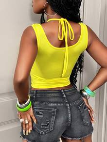 BamGleam 女士撞色字母印花露背吊带背心 - 黃色 - 查看 2