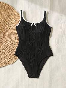 SHEIN Firerie Kids Tween Girls Black & White Contrast Color Swimsuit, Suitable For Beach, Vacation, Hawaii Trip, Family Matching, Sister Photo Shoot, Park, Camping, Party, Casual Daily, Leisure Vacation - Black and White - View 6